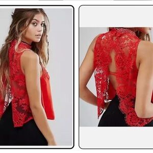 Free People Tied to You Flyaway Tank in Red Lace